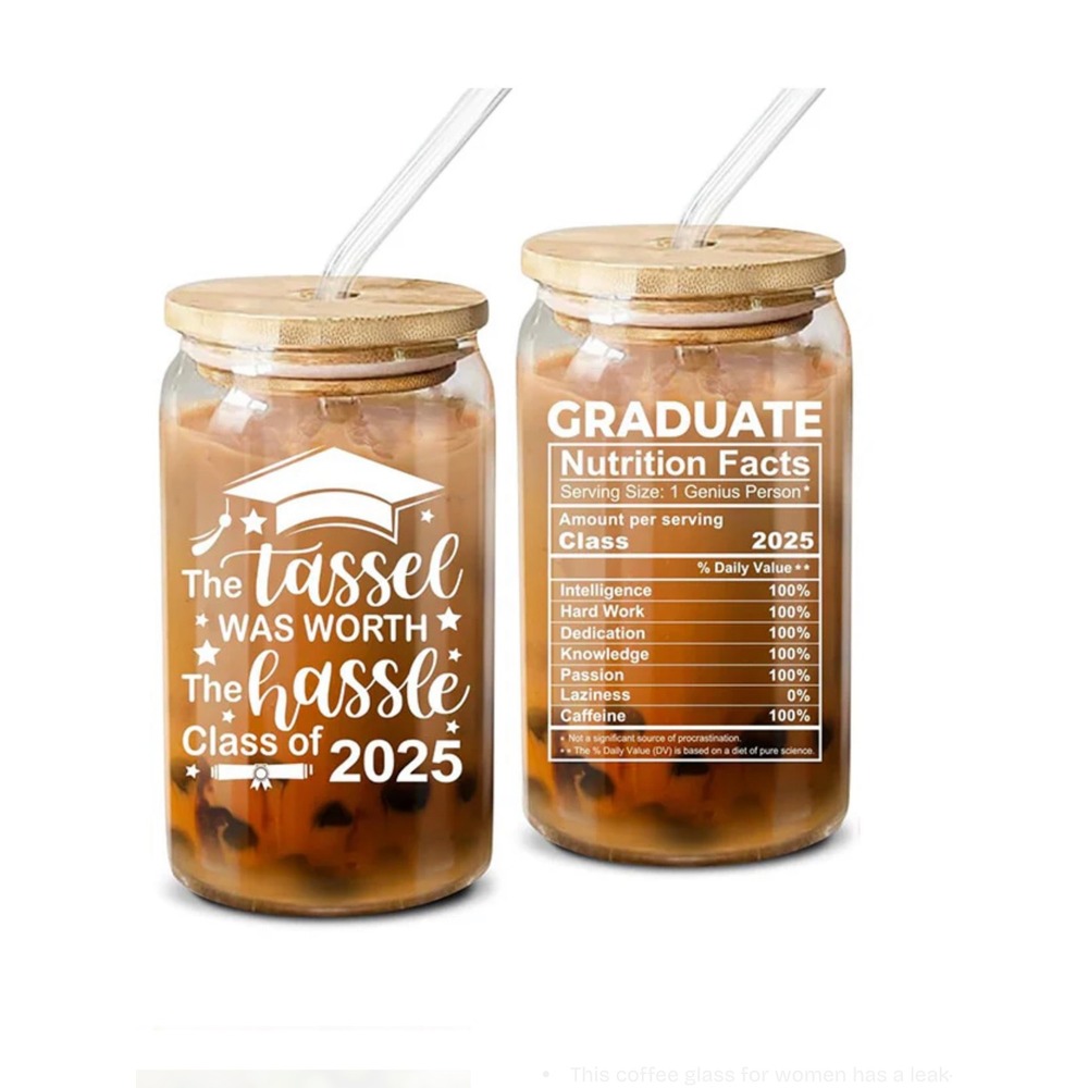 Graduate Nutrition Facts Glass Can with Straw Class of 2025 Gift for Graduation
